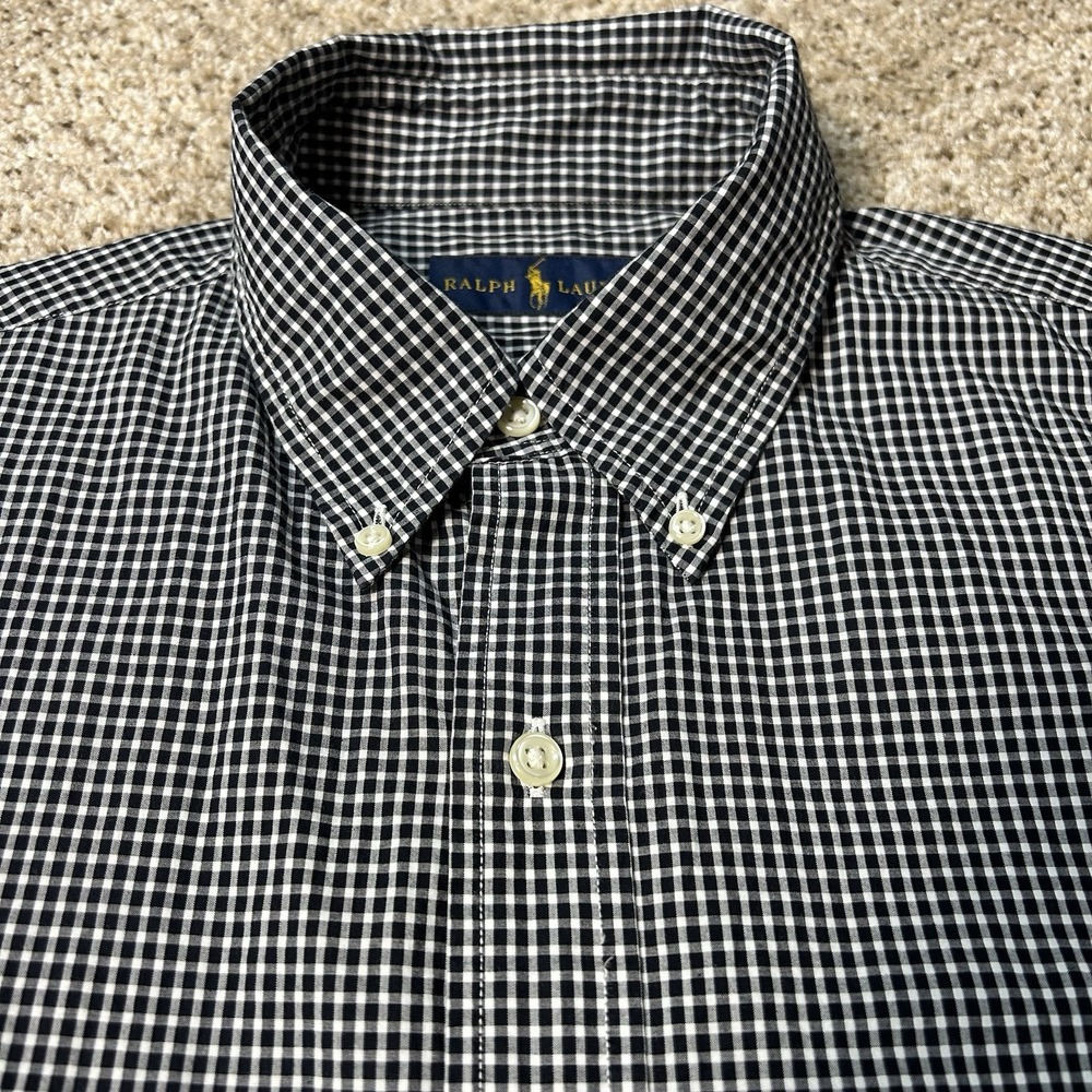 Ralph Lauren Mens Black White Gingham Check Button Down Shirt Size Medium Cotton